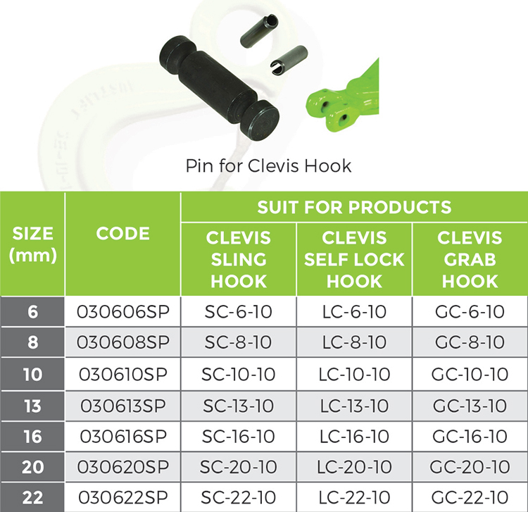 G100 Load Pin for Clevis Hook suitable for GC,LC,SC, 8mm Code:030608SP;  Auslift