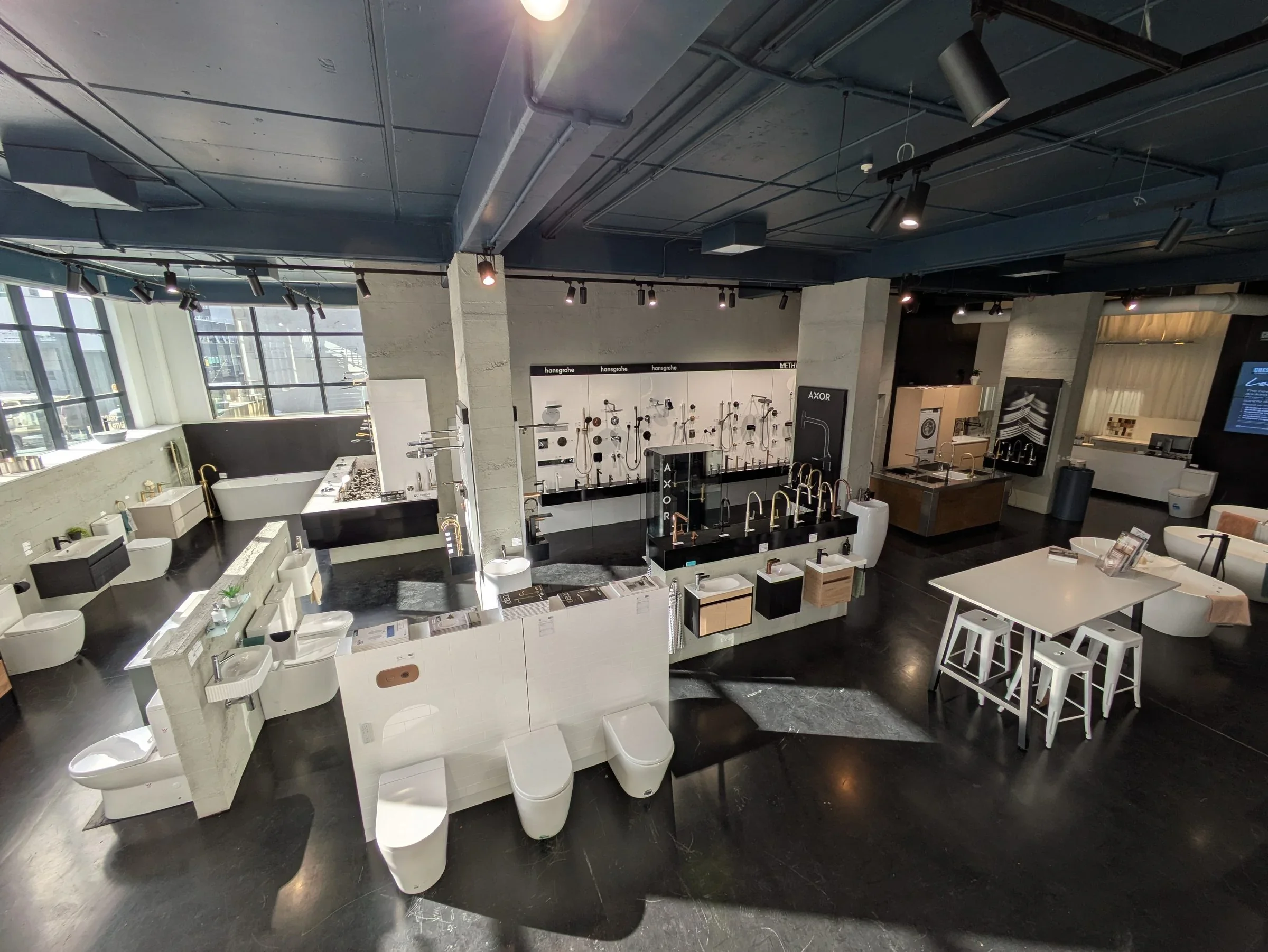 The Chesters Wellington Central bathroom showroom floor, with tapware walls, vanities, baths and toilets on display