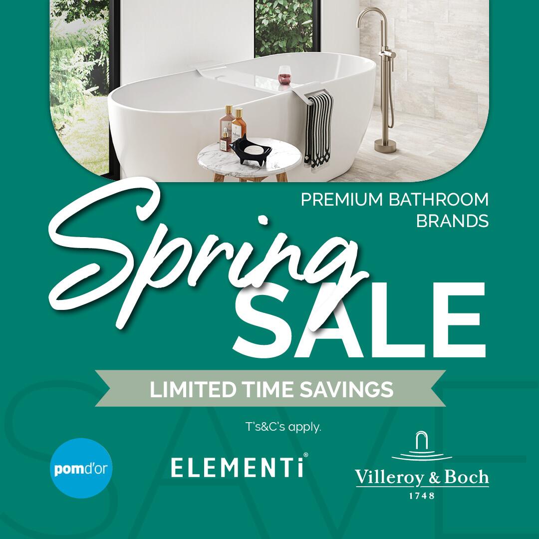Chesters Spring Sale on premium bathroom brands. Save up to 30% on Pomdor chrome accessories, up to 36% on Elementi Novara vanities, select Elementi baths now from $1,299 including GST, and save up to 20% on Villeroy & Boch tapware, showering and basins. Limited time savings.