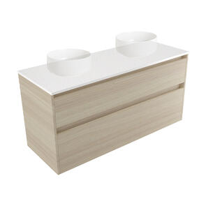 Elementi Novara Vanity Wall Hung 2 Drawer with Elestone Top Motion Double Bowl, 1200mm