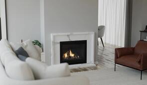 Escea DF960 Gas Fireplace with Logs, Silver Slim Fascia, Flue