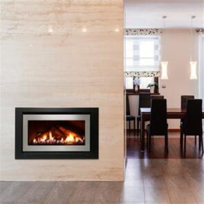 Rinnai Evolve 952 Gas Fireplace with Oak Logset with Stainless Steel on Black Fascia