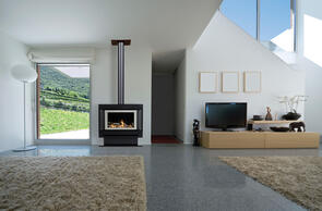 Rinnai Neo NZ Freestander Gas Fireplace with Plinth, Stainless Steel on Black Fascia and Flue
