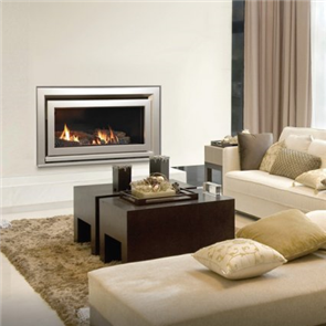 Escea Indoor Gas Fireplace DL850 Logs, Silver Quad Fascia, Flue