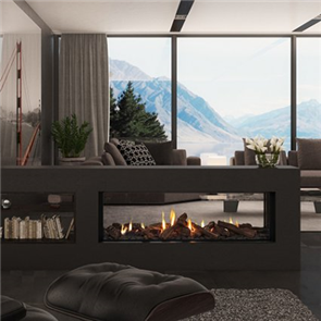 Escea Indoor Gas Fireplace DS1400 Double Sided, Logs, Linear Fascia, Flue