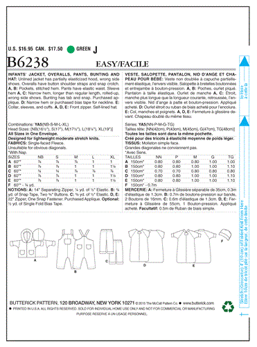 Butterick Pattern 6238 Infants' Jacket, Overalls, Pants, Bunting and Hat