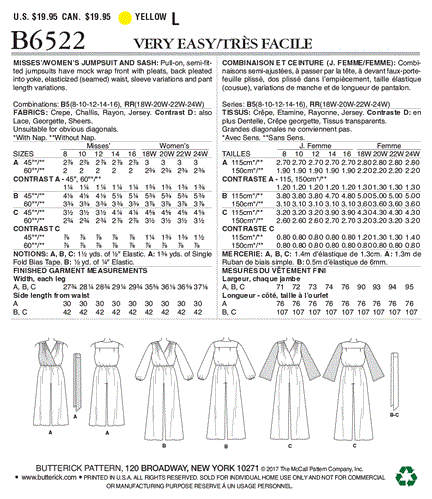 Butterick Pattern 6522 Misses'/Women's Jumpsuit and Sash