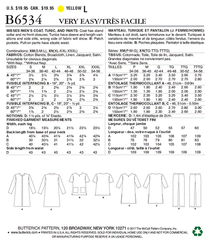 Butterick Pattern 6534 Misses'/Men's Coat, Tunic and Pants