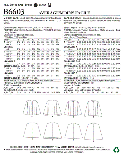 Butterick Pattern 6603 Misses' Cape