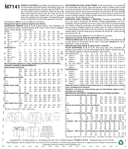 McCalls Pattern 7141 Misses' Costumes