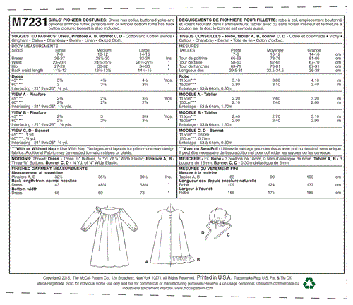 McCalls Pattern 7231 Girls' Pioneer Costumes