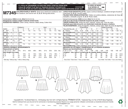 McCalls Pattern 7345 Girls' Straight, Handkerchief, High-Low Hem Skirts