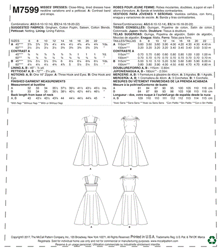 McCalls Pattern 7599 Misses' Lined Flared Dresses with Petticoat