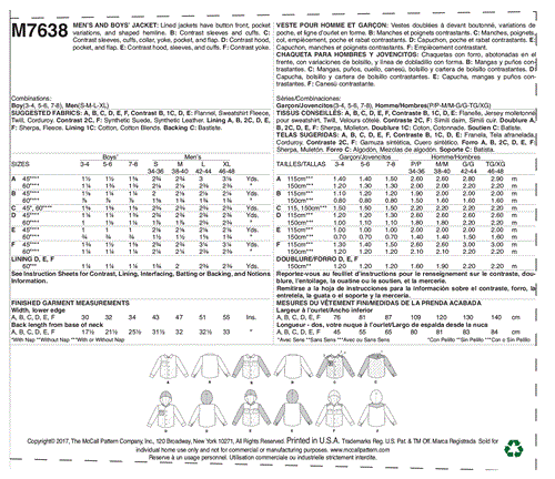 McCalls Pattern 7638 Men's & Boys' Lined button-Front Jackets