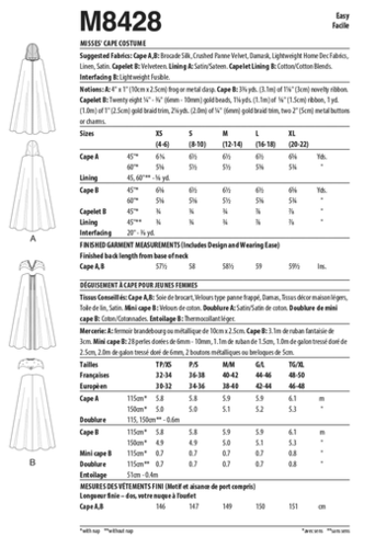 McCalls Sewing Pattern Misses' Cape Costume M8428