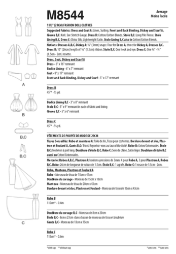 McCalls Sewing Pattern 11 1/2" Fashion Doll Clothes M8544