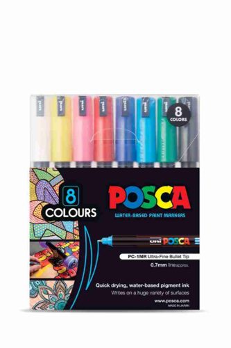 Uni : Posca Marker : PC-1MR : Ultra-Fine Pin Tip : 0.7mm : Assorted Colours  Set of 16