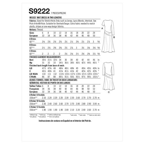 Simplicity Pattern 9222 Misses' Knit Dress