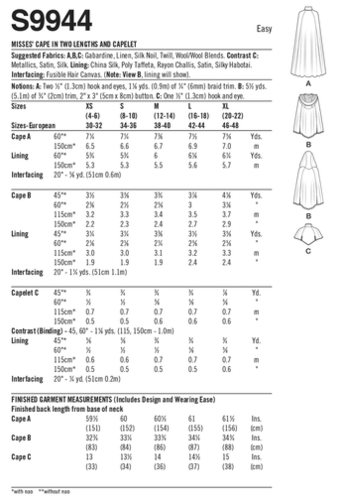 Simplicity Sewing Pattern Misses' Capelet and Cape in Two Lengths S9944
