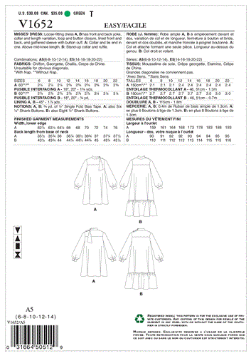Vogue Pattern Misses' Dress V1652