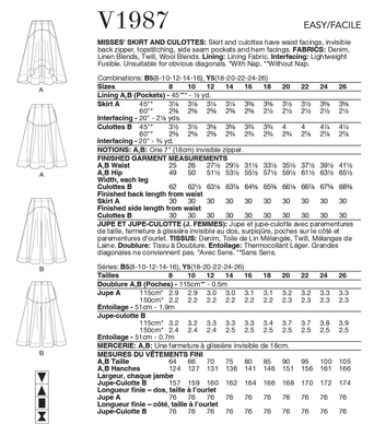 Vogue Patterns Misses' Skirt and Culottes V1987