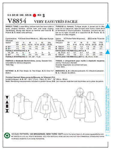 Vogue Pattern 8854 Misses' Tunic V8854