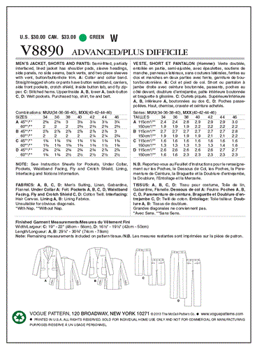 Vogue Pattern 8890 Men's Jacket, Shorts, and Pants V8890