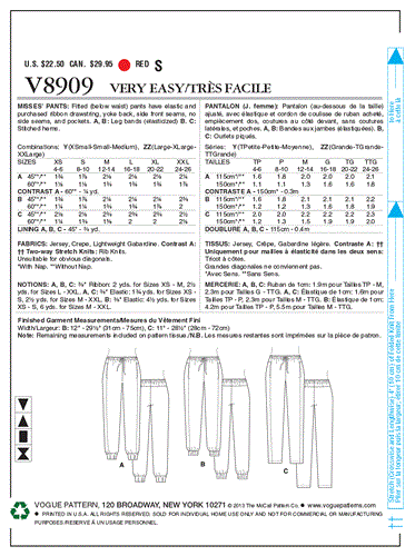 Vogue Pattern 8909 Misses' Pants V8909