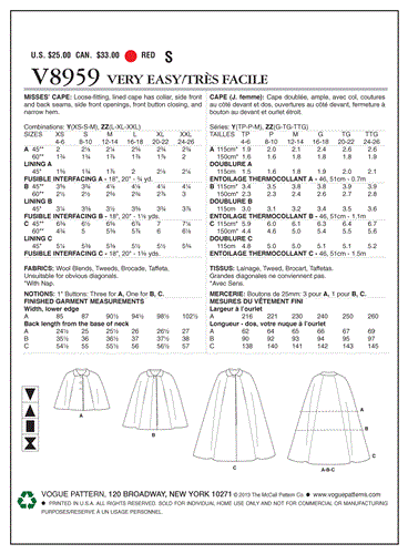 Vogue Pattern 8959 Misses' Cape V8959