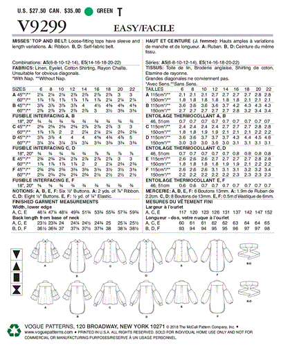 Vogue Pattern Misses' Top and Belt V9299