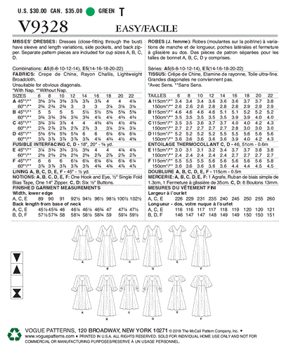 Vogue Pattern Misses' Dress V9328