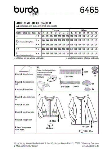 Burda Style Pattern B6465 Women’s Collarless Jacket