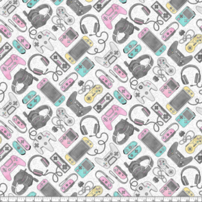 Northcott Gaming Zone - Pastel and Gray Game Controllers on White