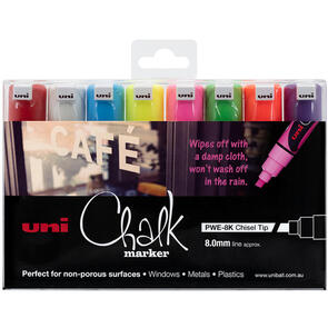 UNI Chalk Marker 8.0mm Chisel Tip 8 Pack Asstd