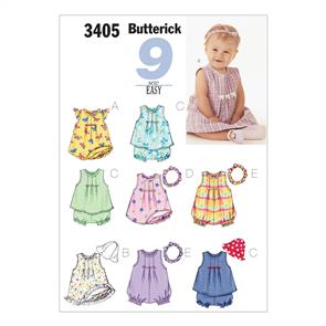 Butterick Pattern 3405 Infants' Dress, Top, Romper, Panties, Hat & Headband
