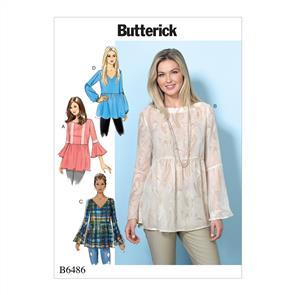 Butterick Pattern 6486 Misses' Loose-Fitting, Gathered Waist Pullover Tops with Bell Sleeves