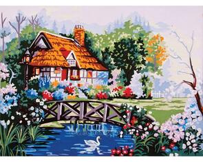 Collection D'Art  Tapestry Canvas 40X50 Cottage W/Pond & Swan