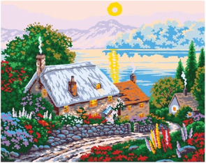 Collection D'Art  Tapestry Canvas 50X60 Sunrise/Cottage/Lake