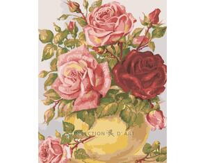 Collection D'Art  Tapestry Canvas 50X60  Pink Roses In Yellow Vase