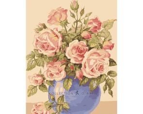 Collection D'Art  Tapestry Canvas 50X60  Pink Roses In Blue Vase
