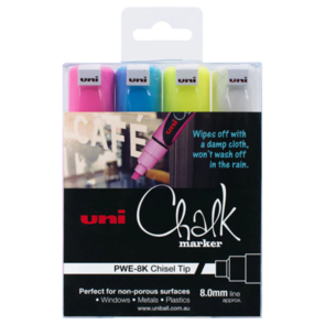 UNI Chalk Marker 8.0mm Chisel Tip 4 Pack Asstd
