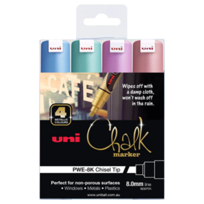 UNI Chalk Marker 8.0mm Bold Chisel Tip 4 Pack Metallic