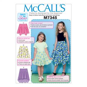 McCalls Pattern 7345 Girls' Straight, Handkerchief, High-Low Hem Skirts