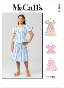 McCalls Sewing Pattern Girls' Ruched Dress, Top and Skirt M8619