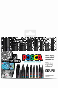 Uni Posca Black Set Pack of 8 Tip Sizes