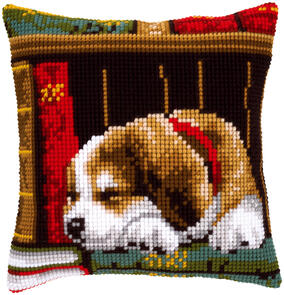 Vervaco  Cross Stitch Cushion Kit - Dog sleeping on bookshelf