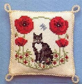 Textile Heritage  Cross Stitch Kit Pincushion - Poppy / Cat