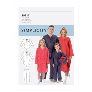 Simplicity Pattern 9211 Misses'/Men's/Boys'/Girls' Patch Pocket Top, Nightshirt and Pants