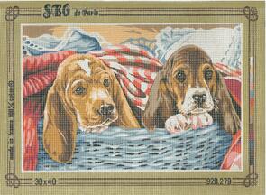 SEG De Paris  Tapestry Canvas 30X40 Puppies In A Basket