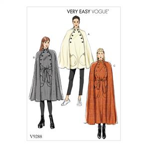 Vogue Pattern 9288 Misses' Cape with Stand Collar, Pockets, and Belt V9288